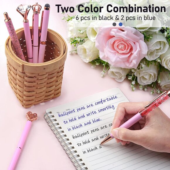 8Pcs Ballpoint Pens Set Metal Crystal Diamond Glitter for Journaling Pink Pen Bl - Picture 7 of 9